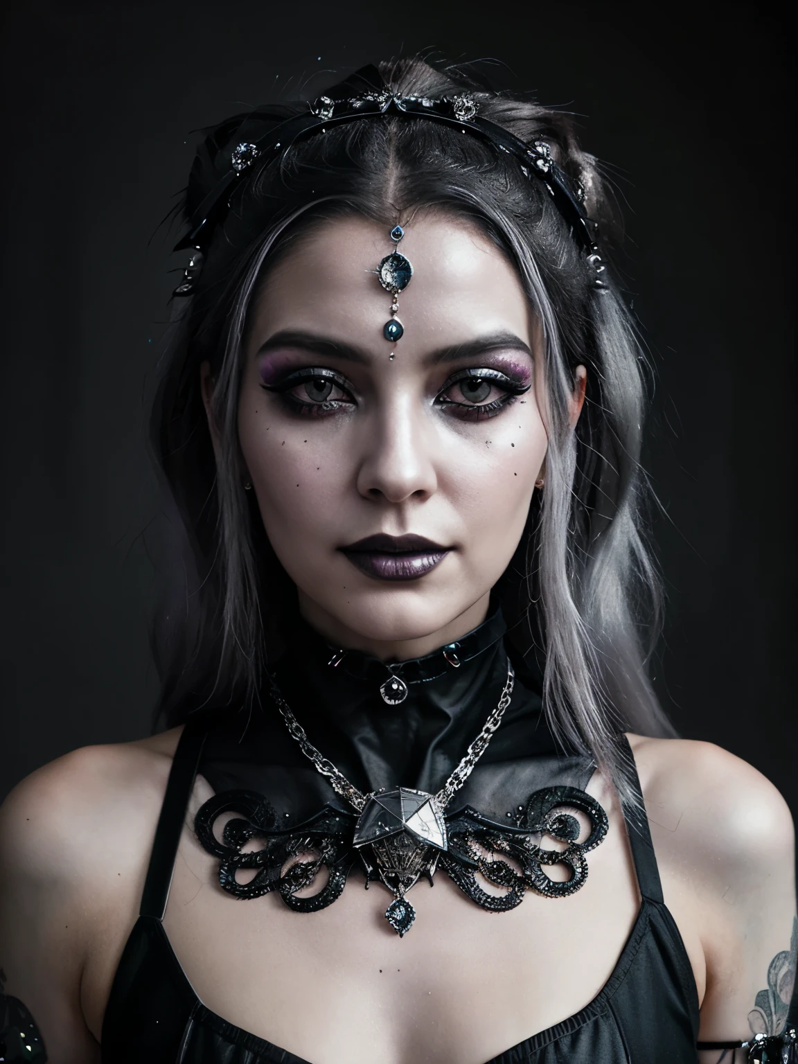 lady in black transparency, her face and has silver intrincated accesories, in the style of hell fashion, otherworldly beauty, celestialpunk, album covers, queencore, dark age aesthetics