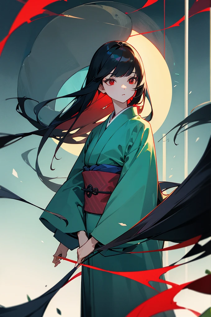 Masterpiece, 1girl, tall, slender, black hair, long hair, straight hair, symmetrical bangs, red eyes, green and blue kimono