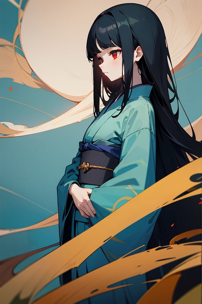 Masterpiece, 1girl, tall, slender, black hair, long hair, straight hair, symmetrical bangs, red eyes, green and blue kimono