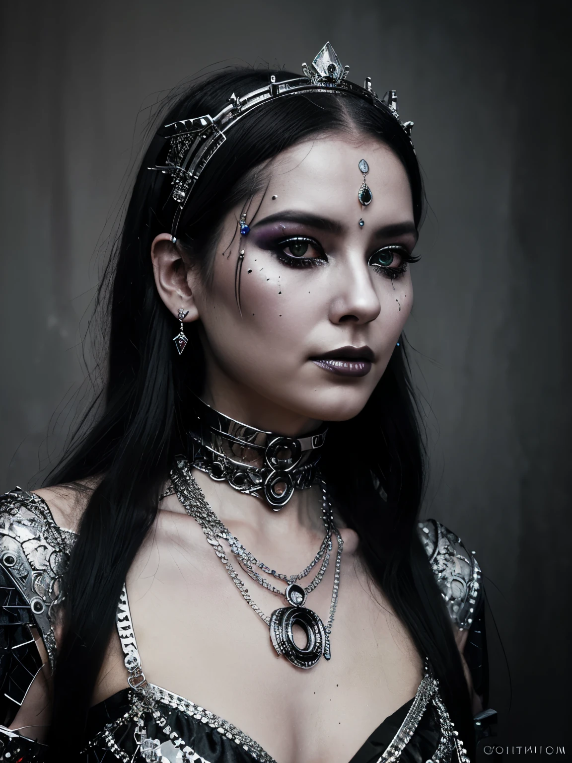lady in black transparency, her face and has silver intrincated accesories, in the style of hell fashion, otherworldly beauty, celestialpunk, album covers, queencore, dark age aesthetics