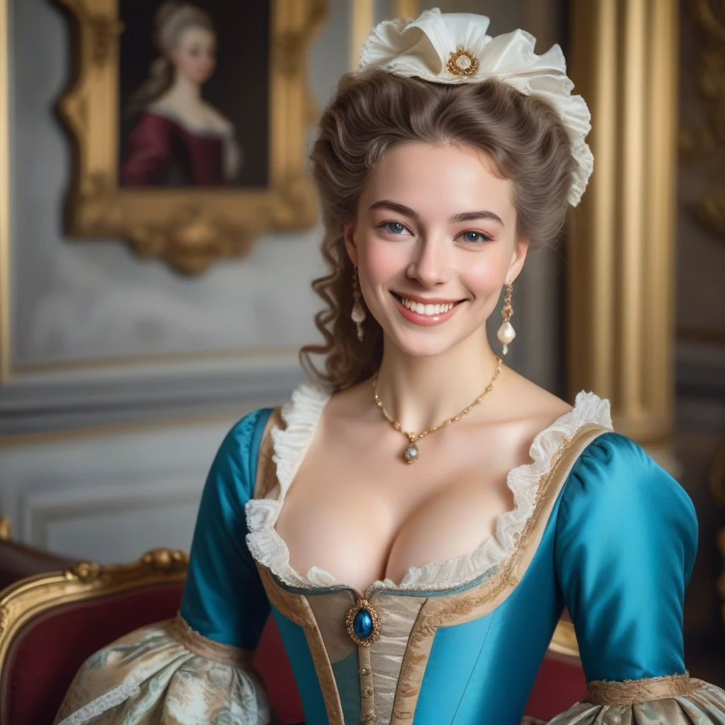 Medieval European royalty and aristocracy, the fashion trend for women with low necklines, Rococo dresses, a young and extremely beautiful aristocratic woman smiling, half-body portrait