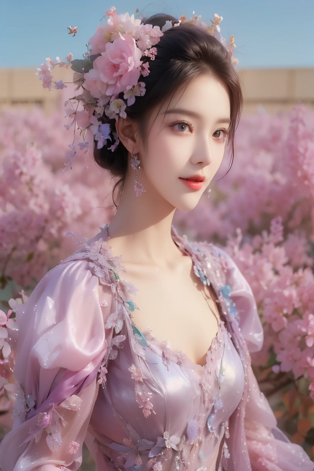 (超reality:1.4),(((full body shot:1.5))),original,emotion,dynamic,扭曲emotion效果,energetic,Use of unusual colors,lovely photo,(reality,photo realism:1.4),Stylized image of a girl made of pink and purple silk,fantastic,delicate eyes,delicate face,sensitive skin,delicate hands,light smile, canine, 초reality주의, shadow, Anaglyph, stereoscopic view, tachi-e, throw, atmospheric perspective, 8k, super detail, accurate, best quality, anatomically correct, textured skin