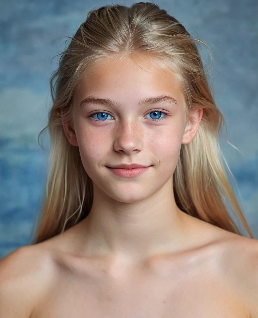 Portrait of a Norwegian beautiful teenager, , small breasts, soft smile, natural lips, long blonde hair with shaved sides , blue-grey eyes, realism, digital painting, concept art, smooth, sharp focus, rule of thirds, 35 mm, naked full body, naked top man body, open shoulders