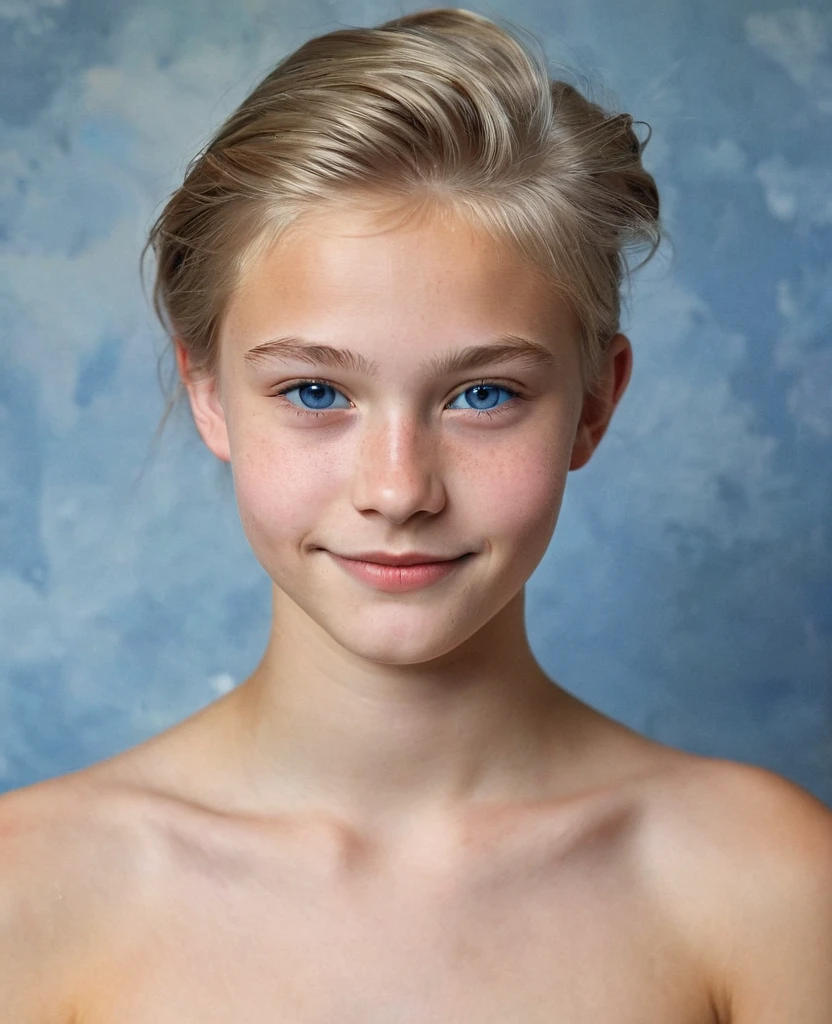 Portrait of a Norwegian beautiful teenager, ************, small breasts, soft smile, natural lips, long blonde hair with shaved sides , blue-grey eyes, realism, digital painting, concept art, smooth, sharp focus, rule of thirds, 35 mm, naked full body, naked top man body, open shoulders