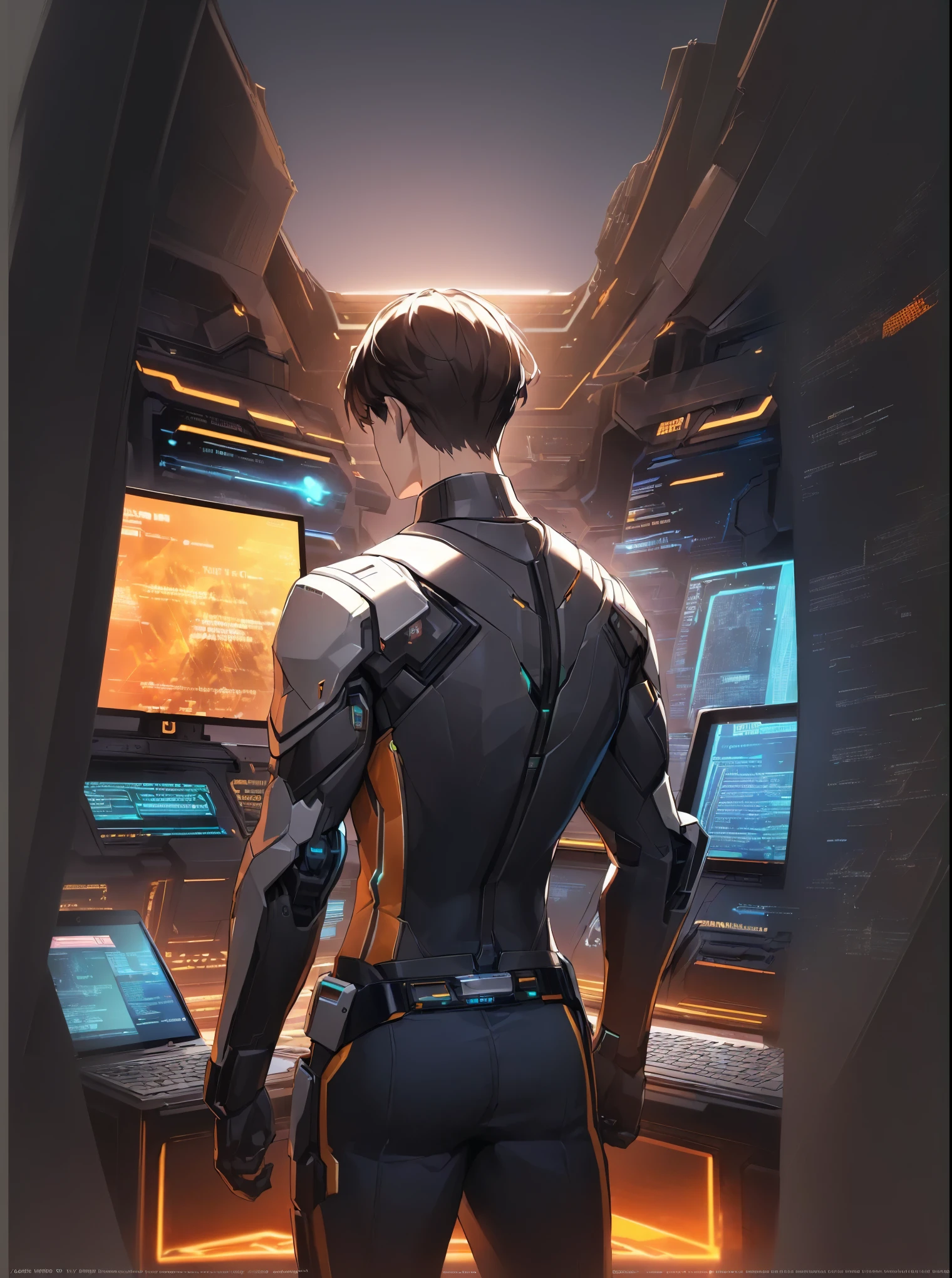 A man in a futuristic suit stands in front of a laptop, Network Package, digital Cyberpunk Anime Art, Anime mecha aesthetics, diverse Network Service, clothed in Cyber Armor, Network Service, Mecha suit, Cyber Armor, Sci-fi suit, Official concept art, Digital cyberpunk - anime art, cyber universe style, Anime Cyberpunk Art, Cyberpunk Anime Art