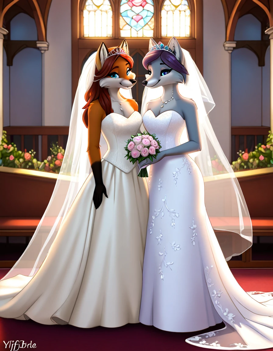 furry fox yiff bride lesbian & lesbian women & women & wedding dress wedding dress wedding dress veil tiara chapel,