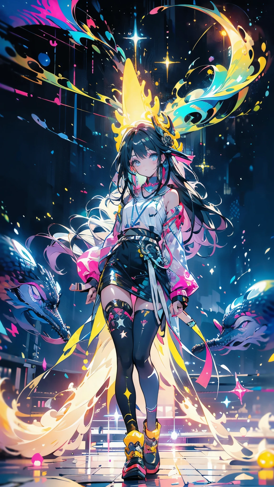 a (Stunning young Malaysian woman strolling)(Friendly fluorescent tentacle creature) In the starry sky、Neon lights on the beach, Otherworldly Skies