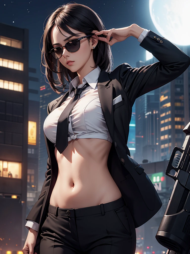 night time, Woman in professional crop top suit, trousers, Show belly, Realistic navel shape, necktie, black sun glasses, secret organization, holding pistol