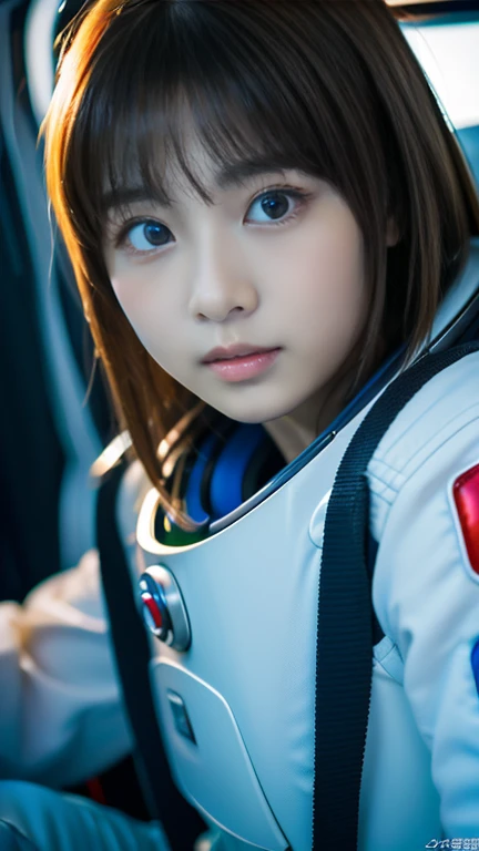 Female spaceship pilot, Japanese, , one girl, (beautiful detailed eyes, clear double pupils), flying in space, spacesuit style for spaceship piloting, bobbed hair, sitting at the controls of a spaceship piloting a spaceship, serious face, (twinkling stars outside the spaceship window in the dark space), space, A scene from a sci-fi movie, ((masterpiece, top quality, award winning, highest resolution, photorealistic, raw photo, 8K wallpaper)), ((high resolution, very detailed, fine detail)))