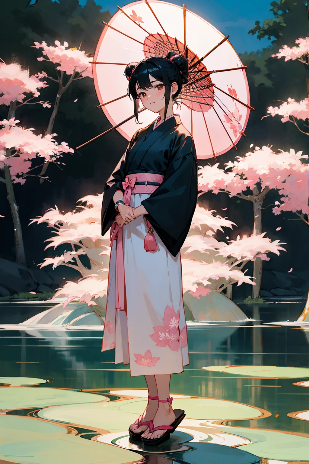 1female, jet black hair, styled in a traditional bun with floral hairpins, soft brown eyes, serene expression, elegant floral-patterned yukata in shades of blue and pink, matching obi belt with a bow, simple white sandals, peaceful garden background with a koi pond and blooming cherry blossoms, detailed face, hands to side, standing on path