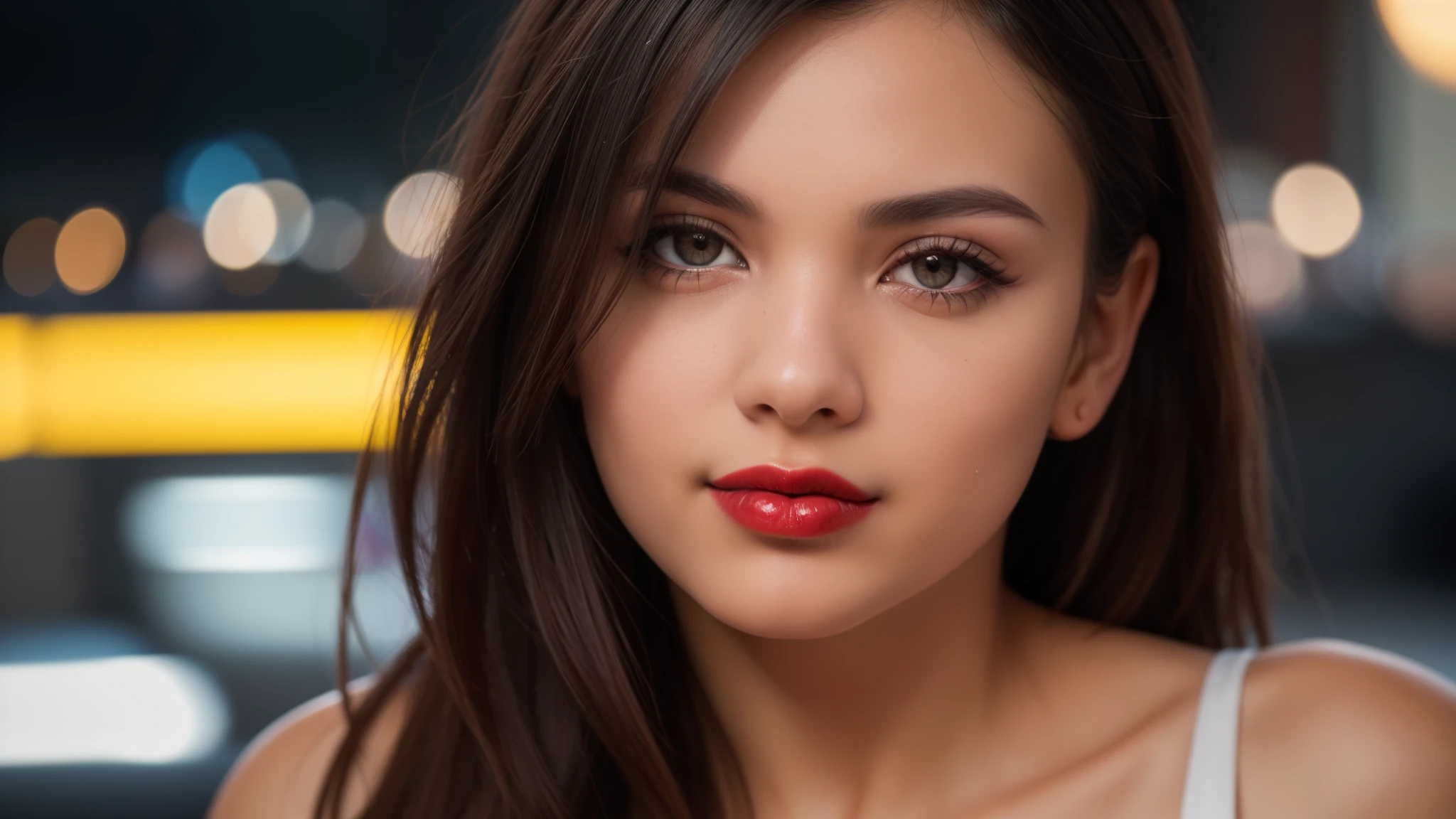 tmasterpiece,best qualtiy,hdr, hyper HD, 8K,Bokeh,Ultra-fine painting,Sharp focus,Physically-based rendering,Extreme detail description,portraitures,half-body photo, red lipstick，looking at viewer, (EOS R8, 50 millimeters, F1.2, 8K, RAW photo:1.2)
