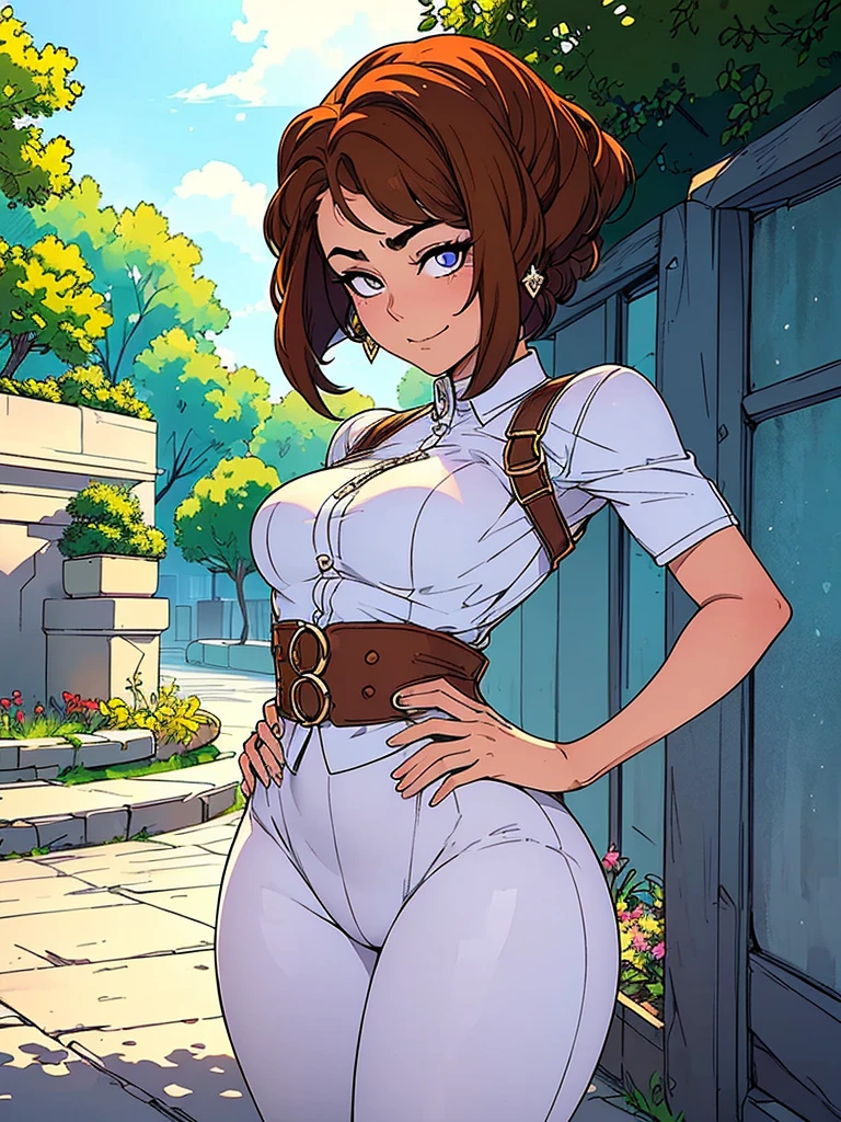 Just one girl,Best quality, 4k, high resolution, body stuck dress, perfect smile, gorgeous, light skin, ahegao face( face) ,brown hair, bob hair cut,
Wearing white office shirt, wearing long yoga pants,clothes are stuck in body, bodyfit outfit,1 girl, solo, seductive look, elegance and charm, (masterpiece, best quality, high resolution), looking at the viewer, standing, (intricate and beautiful:1.2), (detailed light:1.2), (soft light, side light), (high resolution textures, outdoor, Burmese girl, wearing gorgeous jewelary, wearing harness over the outfit ,outdoor background, sun light, attractive, sexy, ure an young,(masterpiece:1.3), (disorganized:1.3), (highest quality:1.3), perfect anatomy, detailed face, front view, perfect right hands, looking at viewer, (Super detailed:1.3), (best shadow:0.7), (treated hair), fine eyes, beautiful eyes, young aged woman, alone, standing, crystal earrings,closed_mouth, , outdoors,Thick thighs, arrogant face, small