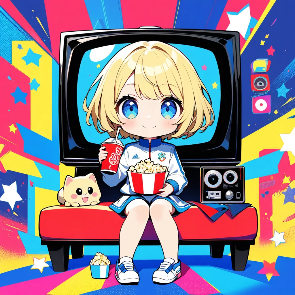 ultra-small deformation, Chibi Cute, 1girl, solo, full body, blonde short hair, blue eyes, smile, she stands in front of the Olympic rings wearing white Olympic torchbearer uniform, she holds a lit torch in her hand, High contrast and vivid color, background is the Olympic venue and large number of spectators, sports festival, the Olympic rings that are the five rings in five colors that are the Olympic symbol. The five colors are blue, yellow, black, green, and red. 