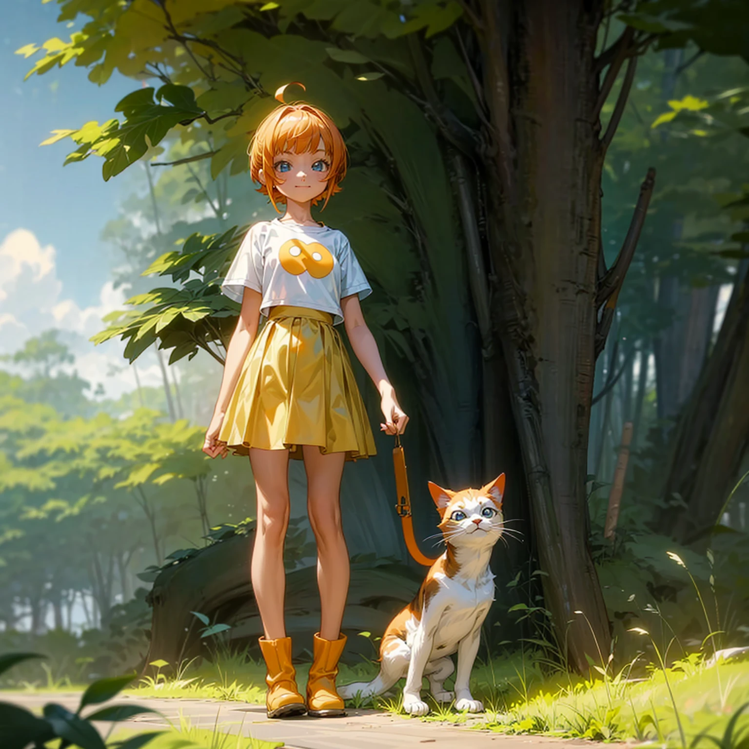 Background in the field forest, Grassroots, one piece style art, Full body version, baby kid girl with her little pet cat, baby kid girl has orange hair, short bob hairstyle, white t-shirt, short yellow skirt, boots, blue eyes, smiley face, standing gesture