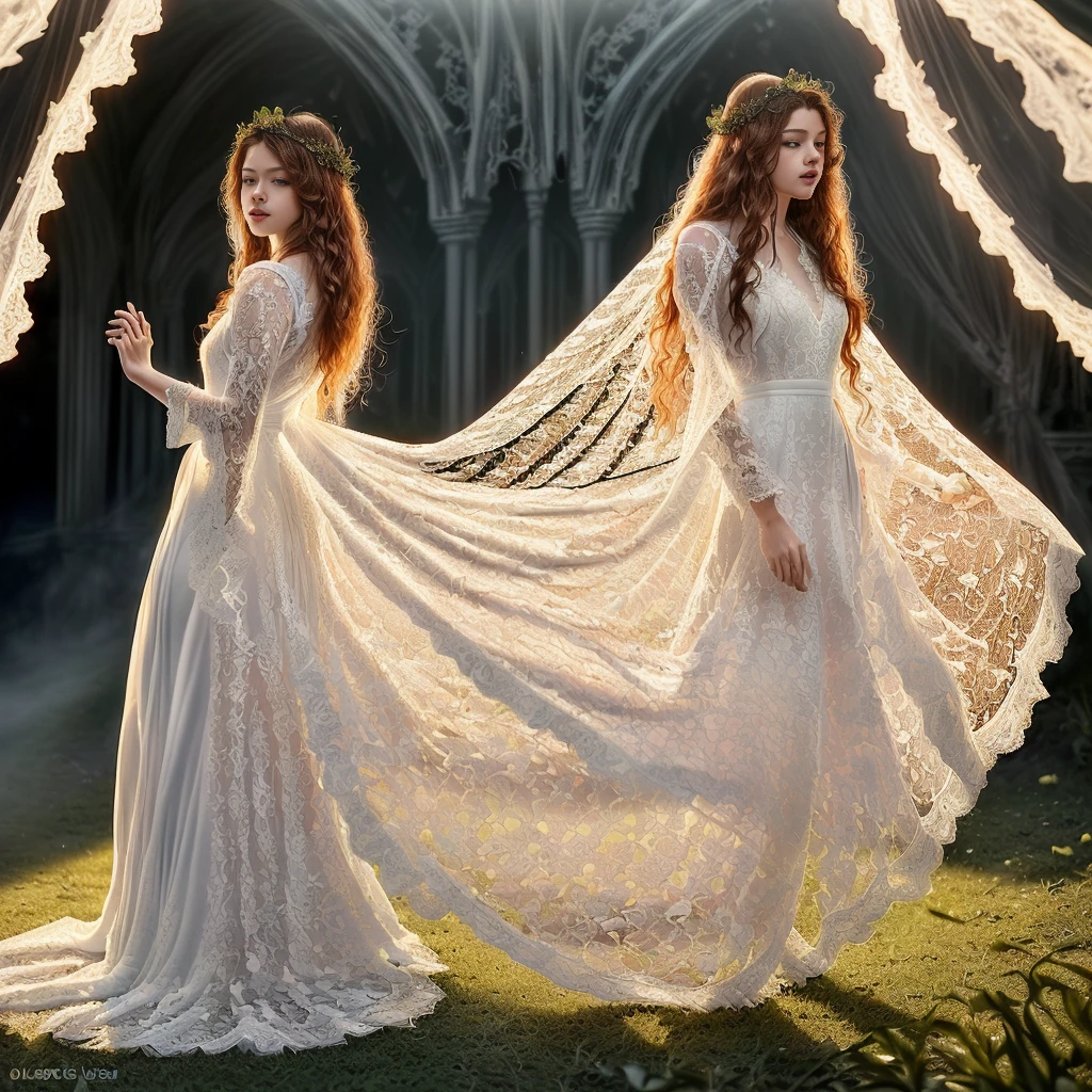 (Mackenzie Foy ginger hair stunning girl, 20 years old, red rose and orchid garden, epic garden , ( white long lace gown:1.8),(long, messy hair, hair floating in the wind:1.6), blue eyes, detailed eyes, detailed lips, ( sensual, full body:1.5), (photo from low angles:1.5), (creepy and scary interior of a Gothic castle, fog and fog:1.3), low neck, ray tracing, (best quality, 4k, 8k, high resolution, masterpiece:1.2), very detailed, (realistic , photorealistic, photorealistic :1.37), HDR, UHD, masterpiece, professional, bright and neutral colors, studio lighting