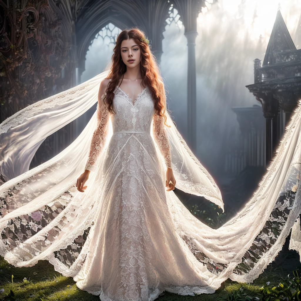 (Mackenzie Foy ginger hair stunning girl, 20 years old, red rose and orchid garden, epic garden  , ( white long lace gown:1.8),(long, messy hair, hair floating in the wind:1.6), blue eyes, detailed eyes, detailed lips, ( sensual, full body:1.5), (photo from low angles:1.5), (creepy and scary interior of a Gothic castle,  fog and fog:1.3), low neck, ray tracing, (best quality, 4k, 8k, high resolution, masterpiece:1.2), very detailed, (realistic , photorealistic, photorealistic :1.37), HDR, UHD, masterpiece, professional, bright and neutral colors, studio lighting