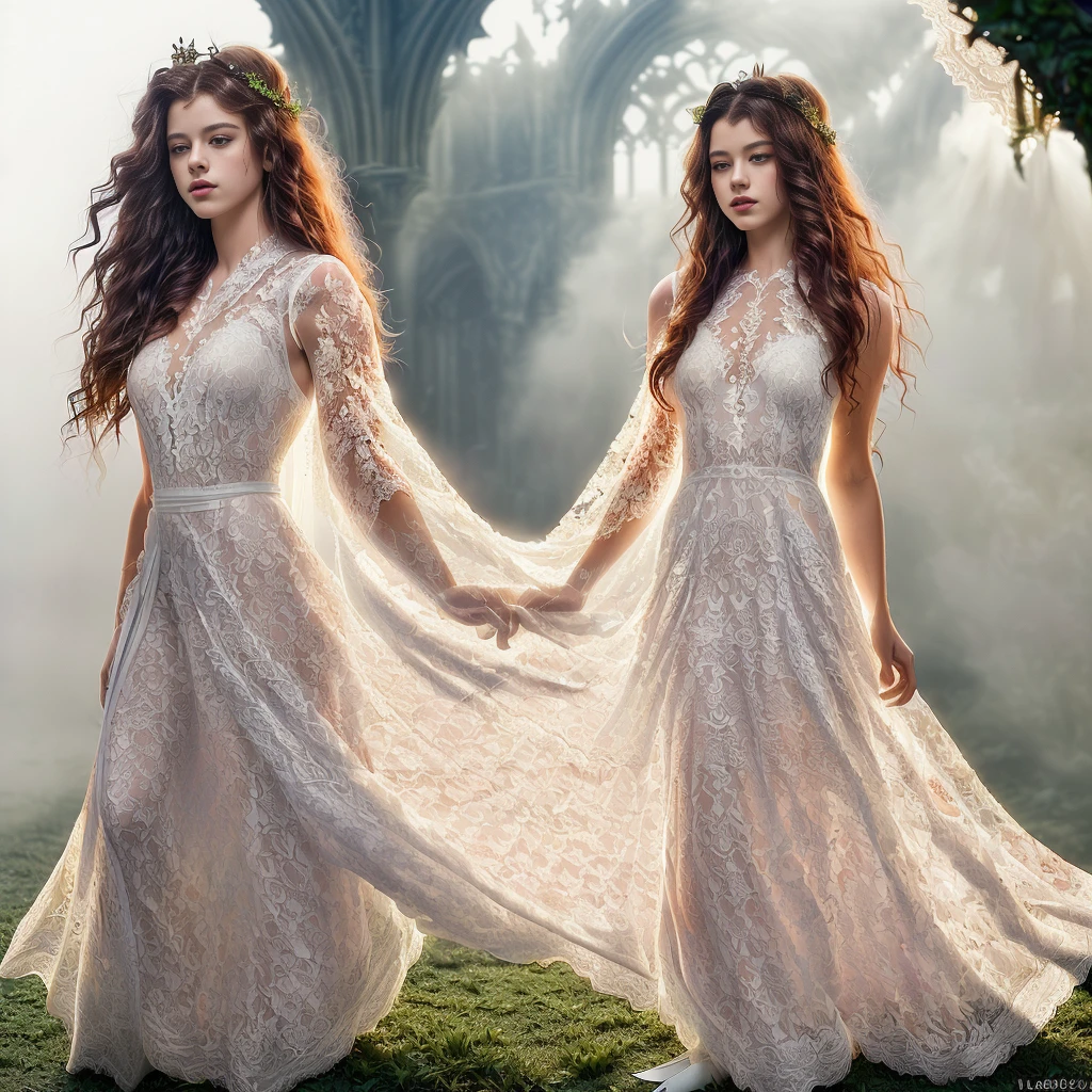 (Mackenzie Foy ginger hair stunning girl, 20 years old, red rose and orchid garden, epic garden , ( white long lace gown:1.8),(long, messy hair, hair floating in the wind:1.6), blue eyes, detailed eyes, detailed lips, ( sensual, full body:1.5), (photo from low angles:1.5), (creepy and scary interior of a Gothic castle, fog and fog:1.3), low neck, ray tracing, (best quality, 4k, 8k, high resolution, masterpiece:1.2), very detailed, (realistic , photorealistic, photorealistic :1.37), HDR, UHD, masterpiece, professional, bright and neutral colors, studio lighting