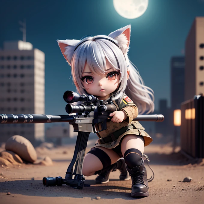 (Chibi Character:1.5), A silver-haired girl with cat ears wearing a military uniform, ponytail, mini skirt, See-through tights, Combat Boots, Open the chest, (point the gun at the viewer:1.3), Ultra-high definition high performance sniper rifle, ((Accurate prone position:1.3)), photograph, 正確な伏せphotograph,point the gun at the viewer口, Point the muzzle at us, High-powered sniper rifle aimed at viewers, Skyscraper rooftop, A quiet night full of tension, Night city background, moonlight, (Accurate frontal view:1.4)
