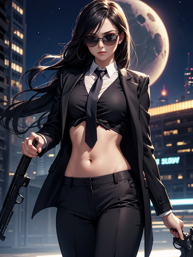 night time, Woman in professional crop top suit, trousers, Show belly, Realistic navel shape, necktie, black sun glasses, secret organization, holding pistol