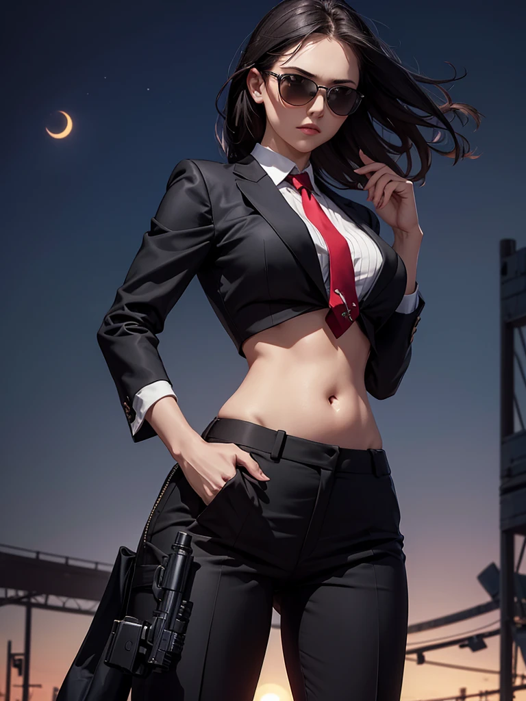 night time, Woman in professional crop top suit, trousers, Show belly, Realistic navel shape, necktie, black sun glasses, secret organization, holding pistol