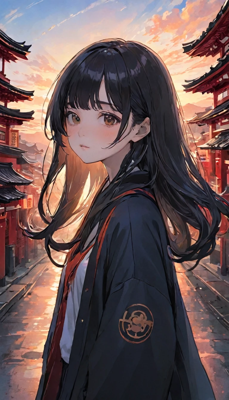 Highest quality:1.2、masterpiece、One Girl, The way the eyes and face are drawn is completely out of whack..、Detailed face and eyes、Detailed face、(Sunset sky), Stand up and wave, Shrine on the Hill, Red Torii Gate、Cityscape, scenery, School Cardigan, (Sleeves are longer than the wrist), Powerful loafers, Black ash two side up hair, Blunt bangs, Beautiful dark eyes, Black knee socks, Cinema Lighting, Upper Body, :3,
