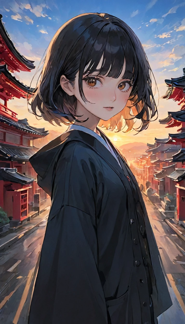 Highest quality:1.2、masterpiece、One Girl, The way the eyes and face are drawn is completely out of whack..、Detailed face and eyes、Detailed face、(Sunset sky), Stand up and wave, Shrine on the Hill, Red Torii Gate、Cityscape, scenery, School Cardigan, (Sleeves are longer than the wrist), Powerful loafers, Black ash two side up hair, Blunt bangs, Beautiful dark eyes, Black knee socks, Cinema Lighting, Upper Body, :3,