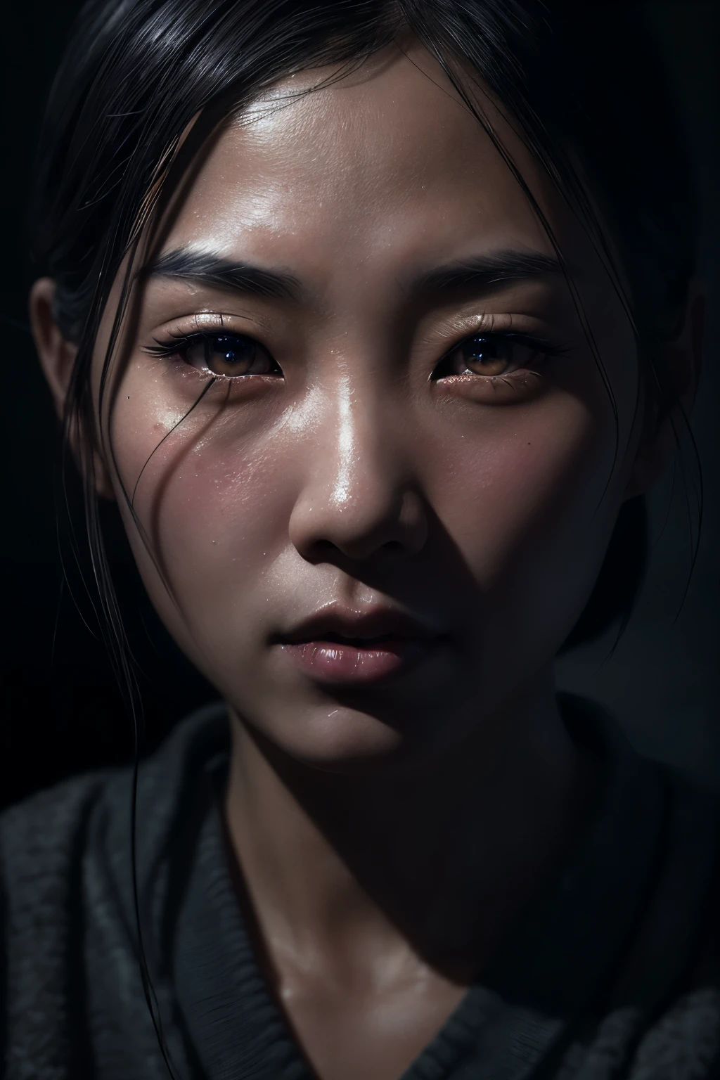 a sad, lonely, lost asian woman, beautiful detailed eyes, beautiful detailed lips, extremely detailed eyes and face, long eyelashes, detailed portrait, hyper realistic, dramatic lighting, cinematic, moody atmosphere, muted color palette, dramatic shadows, deep focus, photorealistic, 8k, detailed textures, digital painting, concept art