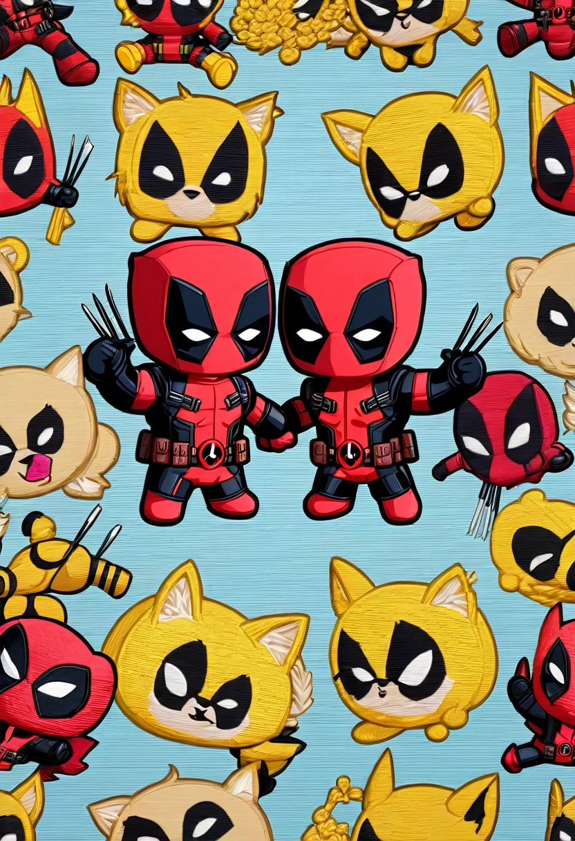 Deadpool and Wolverine, 3D chibi dolls made of embroidery crafts, cartoon style, background cinematic CG