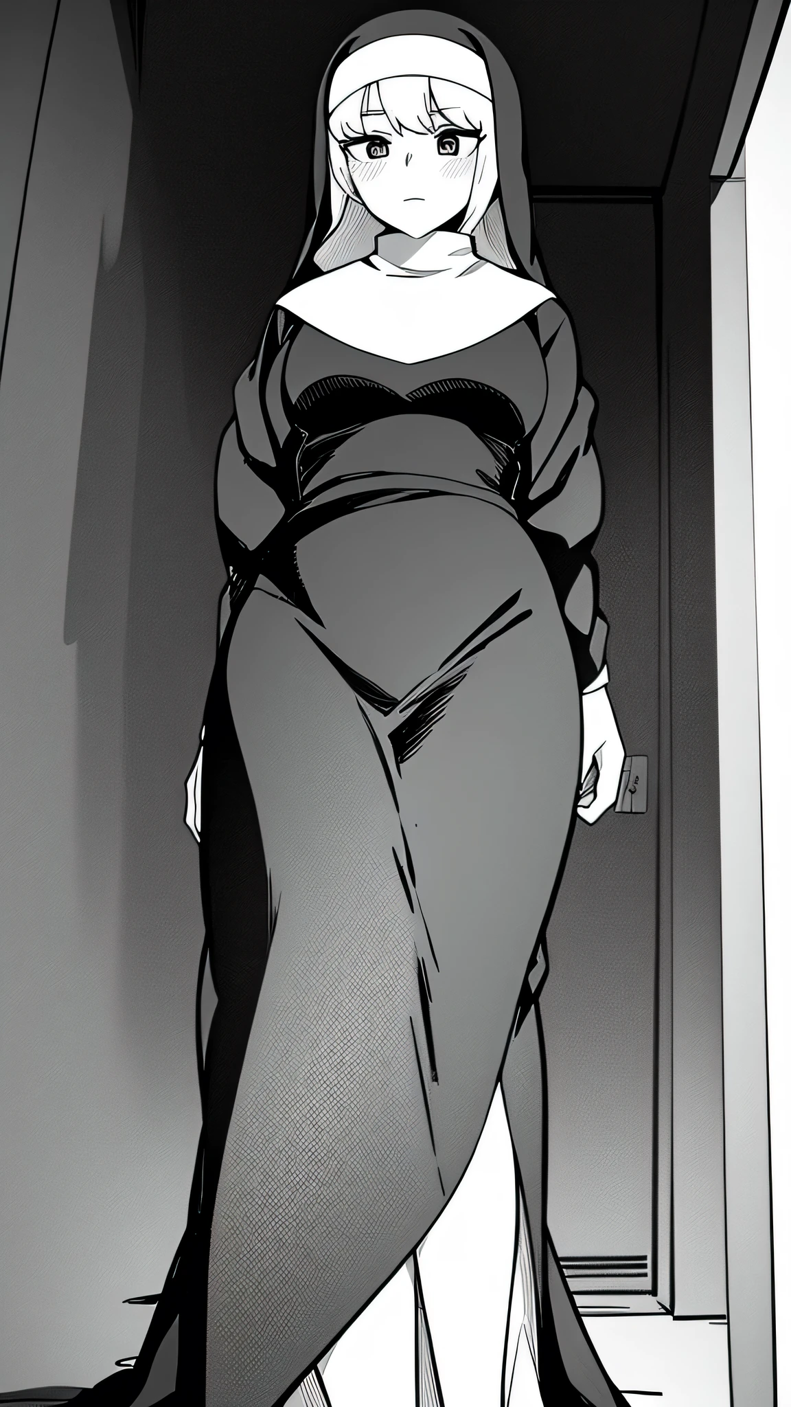A woman in nun dress standing looking down, view from Down black and white manga image