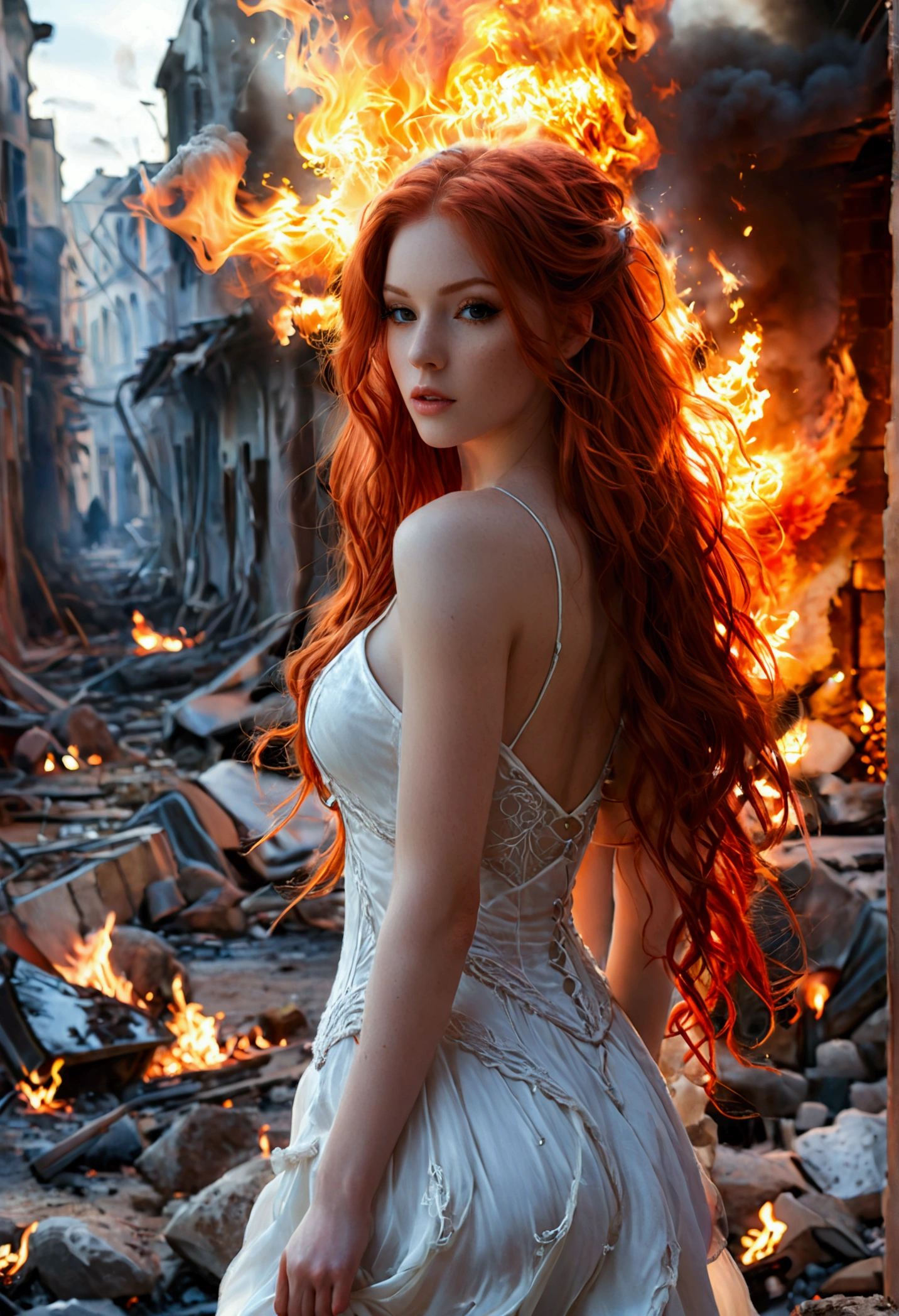 ultra realistic, photography, long red hair, girl, 24 years old, hourglass figure, perfect body, Flirty look, extremely detailed artgerm, in the style artgerm, facing the camera, lens 35 mm, blur background, sexy evil goddess, white see-through dress, fire is coming out of her hands, she is walking through the street of a destroyed city, a big fireball erupts behind her