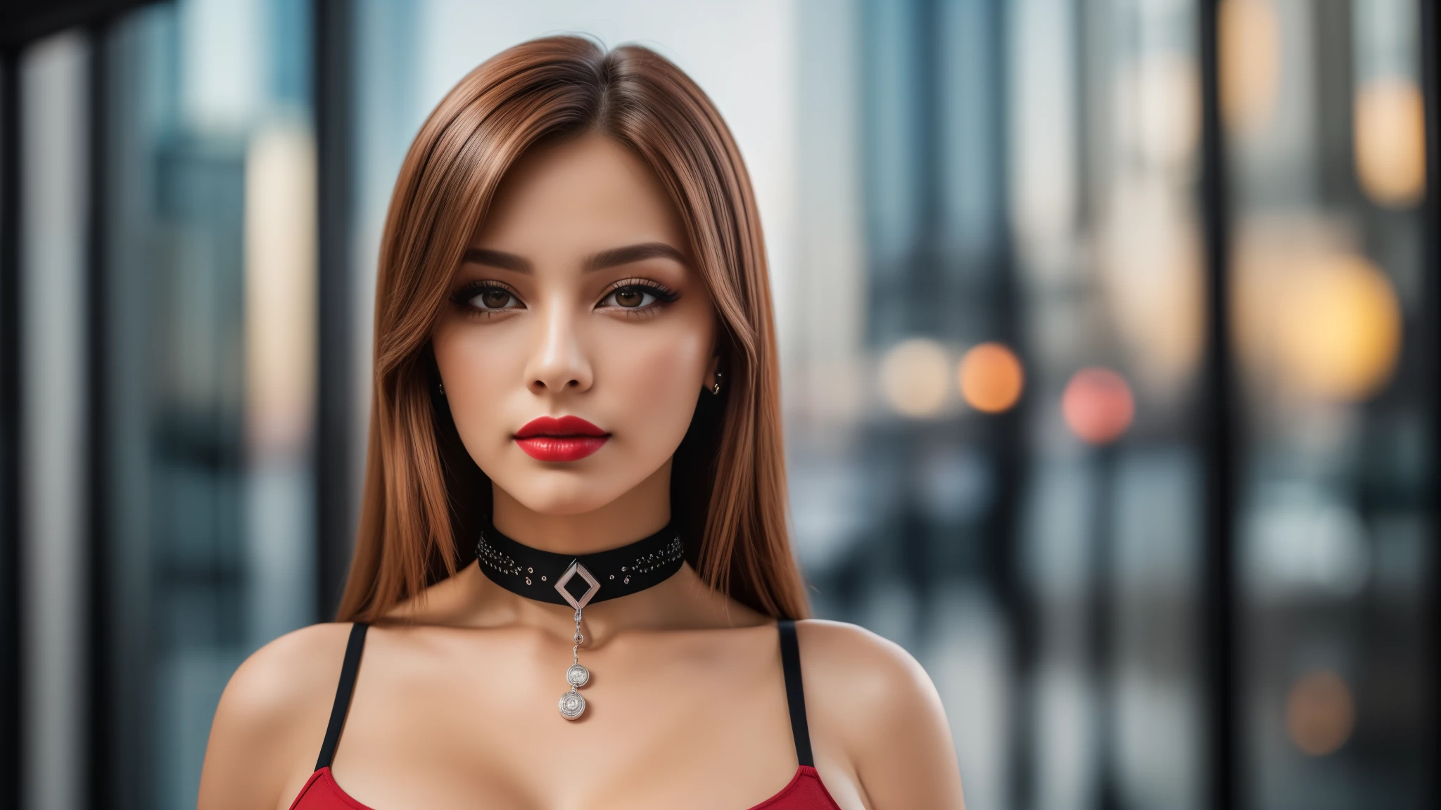 tmasterpiece,best qualtiy,hdr, hyper HD, 8K,Bokeh,Ultra-fine painting,Sharp focus,Physically-based rendering,Extreme detail description,choker, (red lipstick:0.9), half-body photo，(big breasts:1.2), looking at viewer, (EOS R8, 50 millimeters, F1.2, 8K, RAW photo:1.2)