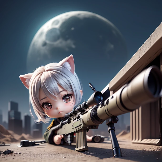 (Chibi Character:1.5), A silver-haired girl with cat ears wearing a military uniform, ponytail, mini skirt, See-through tights, Combat Boots, Open the chest, (point the gun at the viewer:1.3), Ultra-high definition high performance sniper rifle, ((Accurate prone position:1.3)), photograph, 正確な伏せphotograph,point the gun at the viewer口, Point the muzzle at us, High-powered sniper rifle aimed at viewers, Skyscraper rooftop, A quiet night full of tension, Night city background, moonlight, (Accurate frontal view:1.4)