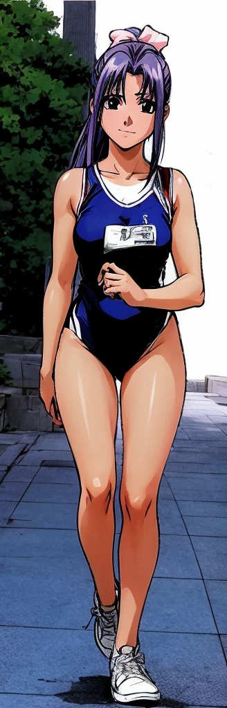 Momoko Koigakubo, a tall girl with beautiful legs, is walking by the pool in a bright blue high-cut competitive swimsuit with the arena logo on it.。