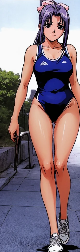 Momoko Koigakubo, a tall girl with beautiful legs, is walking by the pool in a bright blue high-cut competitive swimsuit with the arena logo on it.。