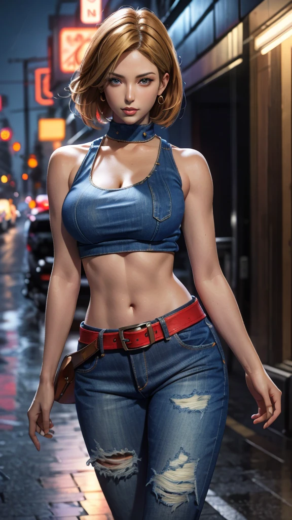 Blue Mary cosplay, (best quality, masterpiece, ultra detailed, ultra high res, photorealistic, raw photo, absolutely resolution ), A girl, 29 years old, beautiful face, Masterpiece artwork, (red tops, sleeveless, ((denim hot pants)), brown belt, detailed outfits ), ( athlete body, whittled waistline, cute breast, cleavage) , (natural makeup, detailed eyes, detailed skin texture,beautiful face, attractive ),  (standing with stylish pose, attractive ) ,(night, downtown, street,neon ), shining skin , looking at viewer, firm expression, sexy , perfect anatomy:1.2