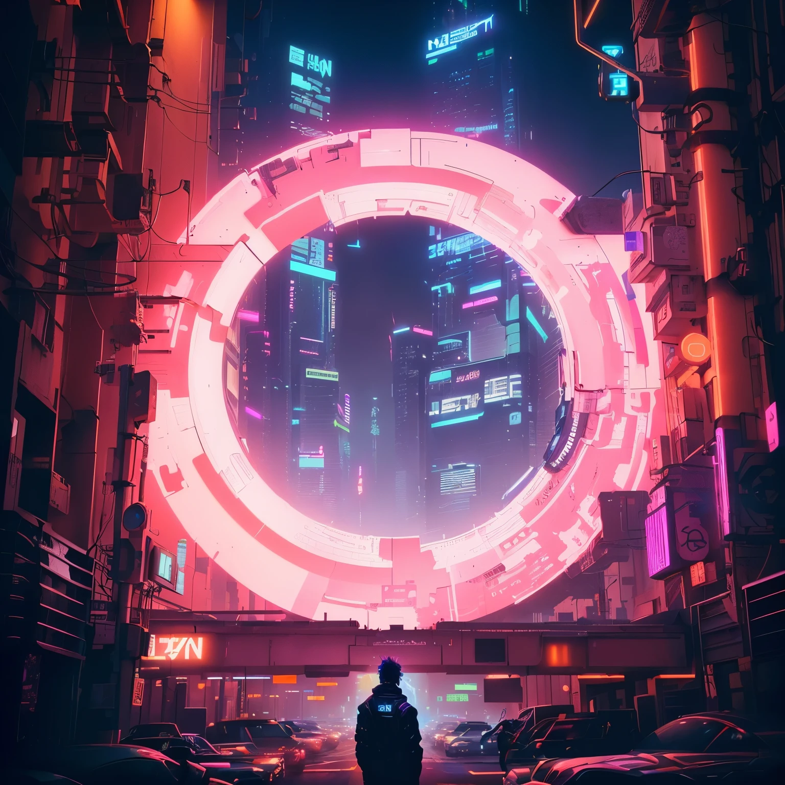 there is a man standing in a city at night with a neon ring, style hybrid mix of beeple, cyberpunk aesthetic, aesthetic cyberpunk, cyberpunk vibes, arstation and beeple highly, artgem and beeple masterpiece, cyberpunk aesthetics, beeple style, beeple artwork, in cyberpunk aesthetic, beeple |, cyberpunk vibe