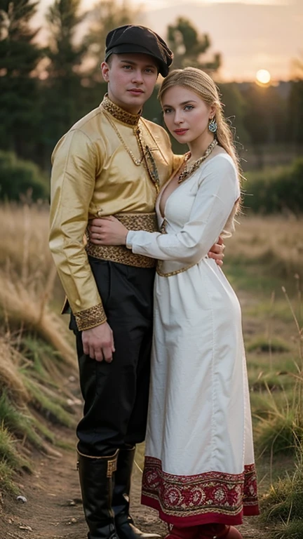 front view, (1 boy and 1 girl is existence), (couple is love), standing ,((couple is hug , gaze at each other)), (1 man is Russian man, traditional Russian costumes from the 1930s, Black and White design, Cossack hat, long boots ), (1 woman Russian traditional costumes from 1930s, boots), Russian girl is 20 years-old, (blond hair ,double braid), slime body, Russian girl, 18 age old, (Blond hair, middle hair , wince, Gray eyes, beautiful lip, serious), (gold crescent earrings, gold neckless), (big breasts, slender whist, wide hip) ,(wearing traditional ethnic clothing, including a white and red Sarafan and kokoshnik), traditional shoes, The setting is a rural village during a festival, with people engaging in traditional activities and celebrating their heritage , sunset, textured skin , HI detailed skin, (foreshortening, Canon, 8K, anatomically correct, super detail, high details, highness,