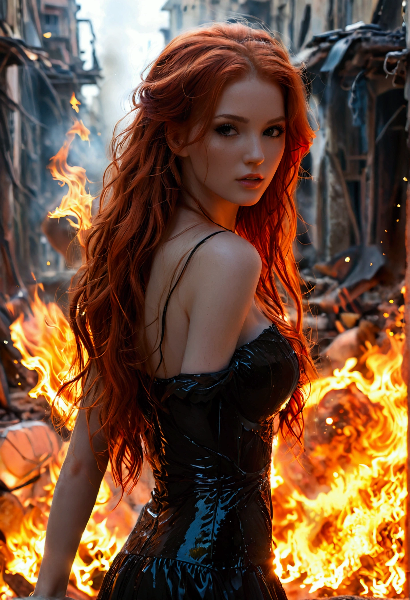 ultra realistic, photography, long red hair, girl, 24 years old, hourglass figure, perfect body, Flirty look, extremely detailed artgerm, in the style artgerm, facing the camera, lens 35 mm, blur background, sexy evil goddess, black see-through dress, fire is coming out of her hands, she is walking through the street of a destroyed city, a big fireball erupts behind her