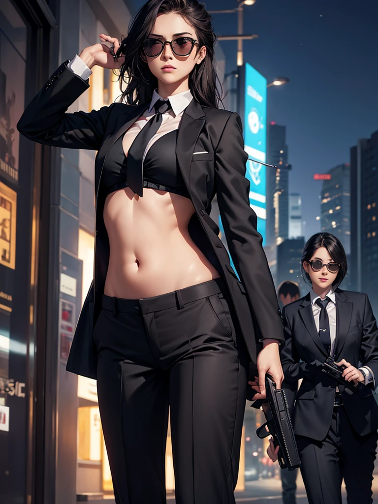 night time, Woman in professional crop top suit, trousers, Show belly, Realistic navel shape, necktie, black sun glasses, secret organization, holding pistol