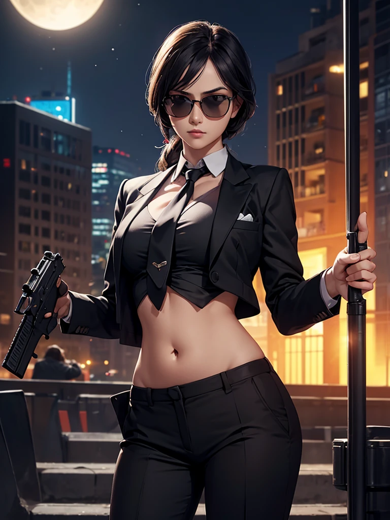 night time, Woman in professional crop top suit, trousers, Show belly, Realistic navel shape, necktie, black sun glasses, secret organization, holding pistol