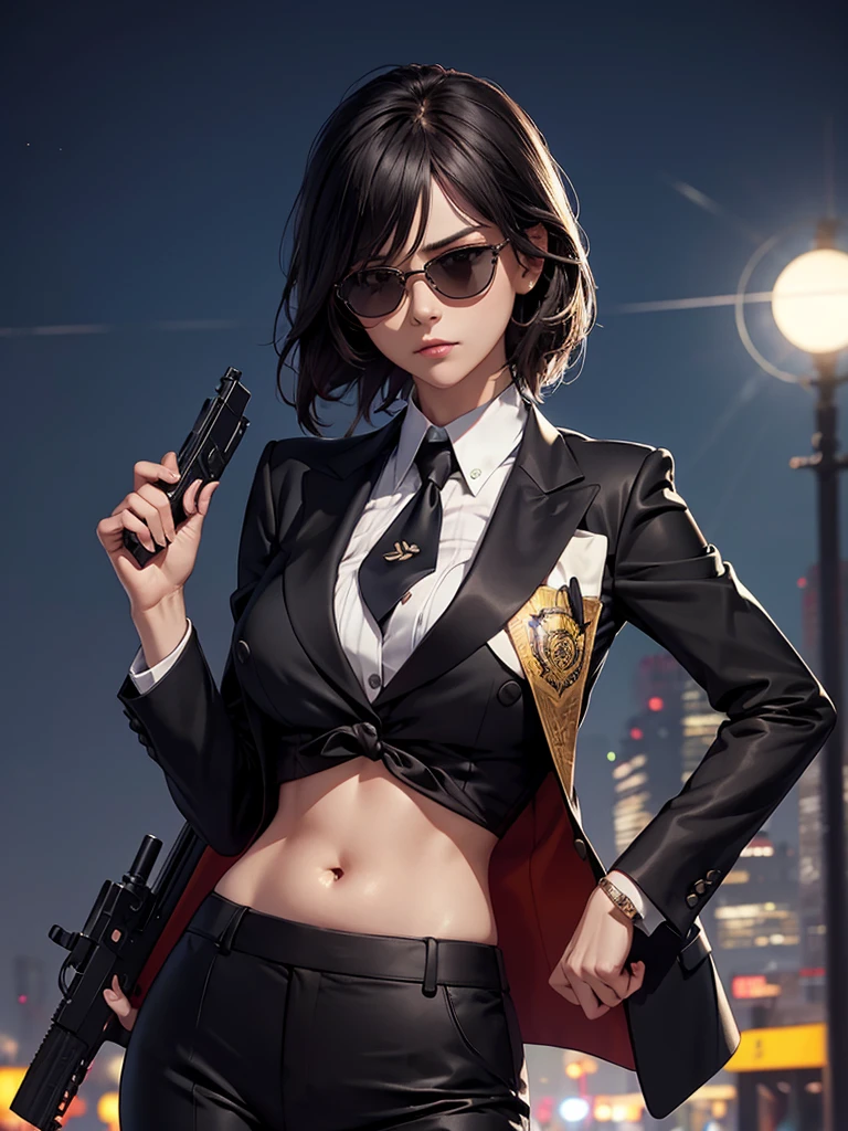 night time, Woman in professional crop top suit, trousers, Show belly, Realistic navel shape, necktie, black sun glasses, secret organization, holding pistol