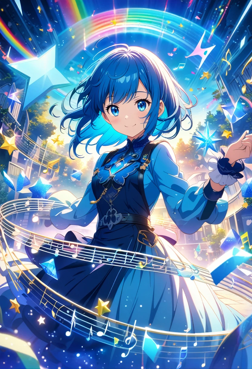 Anime style, ultra-detailed, 8K CG, blue-haired girl, smile, blue world, mysterious blue objects floating, star, musical note, rainbow