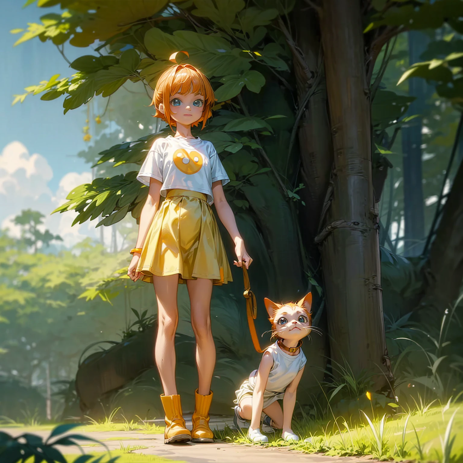 Background in the field forest, Grassroots, one piece style art, Full body version, baby kid girl with her little pet cat, baby kid girl has orange hair, short bob hairstyle, white t-shirt, short yellow skirt, boots, blue eyes, smiley face, standing gesture