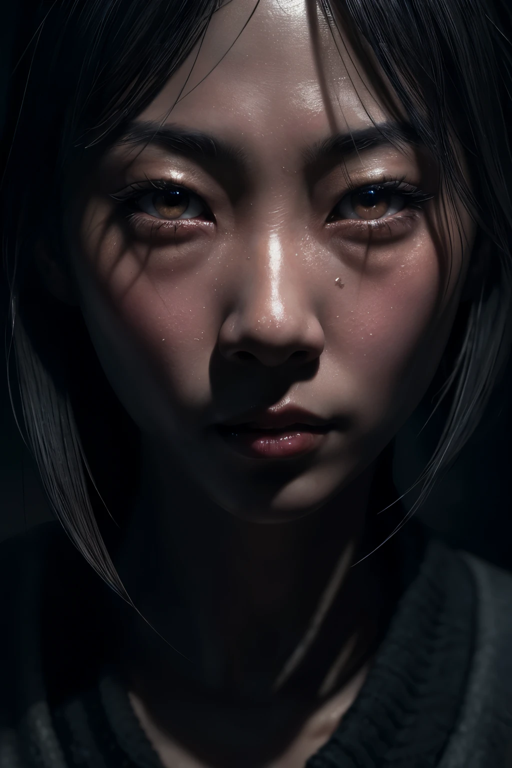 a sad, lonely, lost asian woman, beautiful detailed eyes, beautiful detailed lips, extremely detailed eyes and face, long eyelashes, detailed portrait, hyper realistic, dramatic lighting, cinematic, moody atmosphere, muted color palette, dramatic shadows, deep focus, photorealistic, 8k, detailed textures, digital painting, concept art