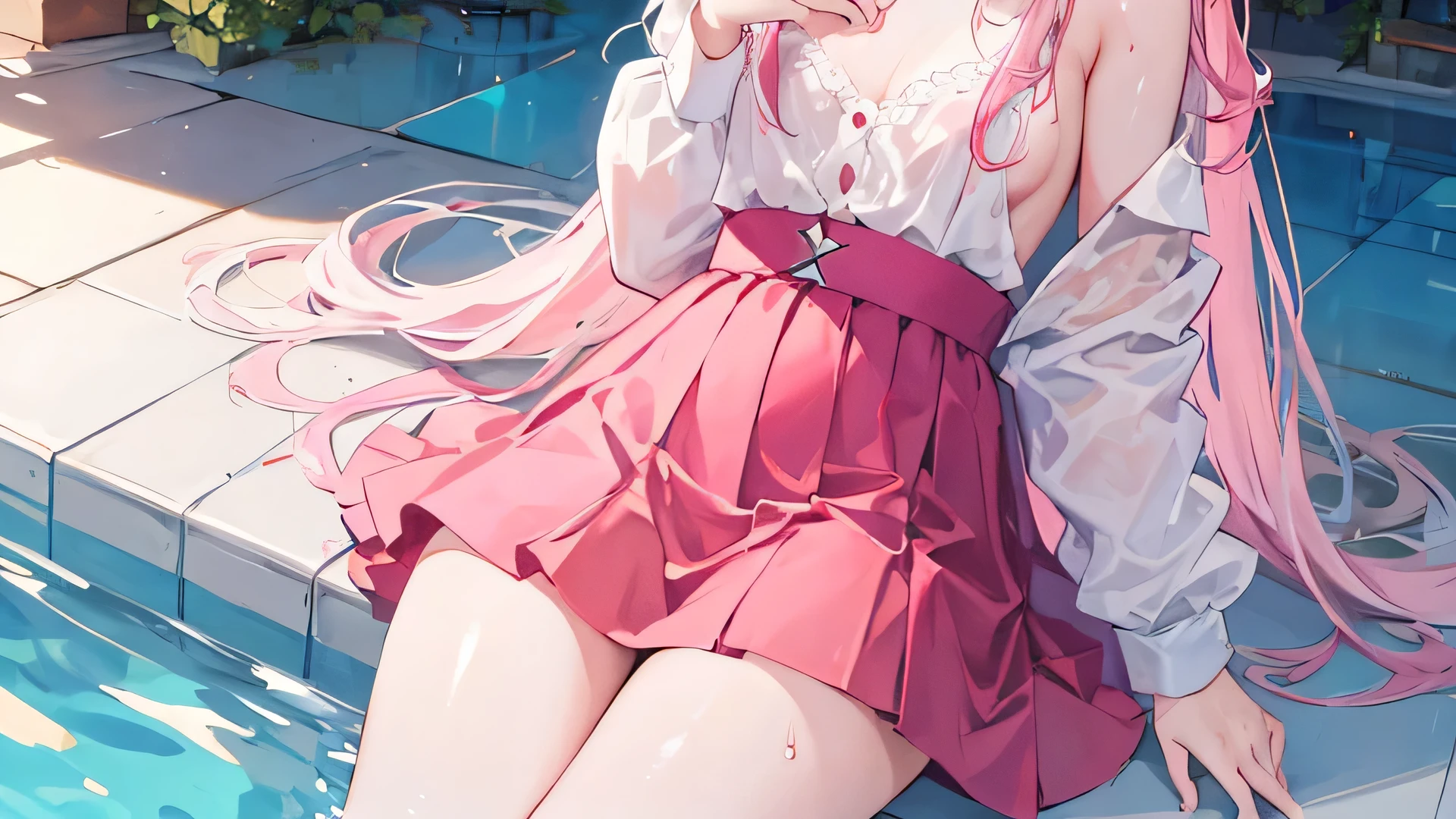 ((Best quality)), ((masterpiece)), (detailed), (In detail) naked 02 (Darling in France) in a big wet pink skirt, pink long hair, cum on chest, At the pool , cat ears, shows  
