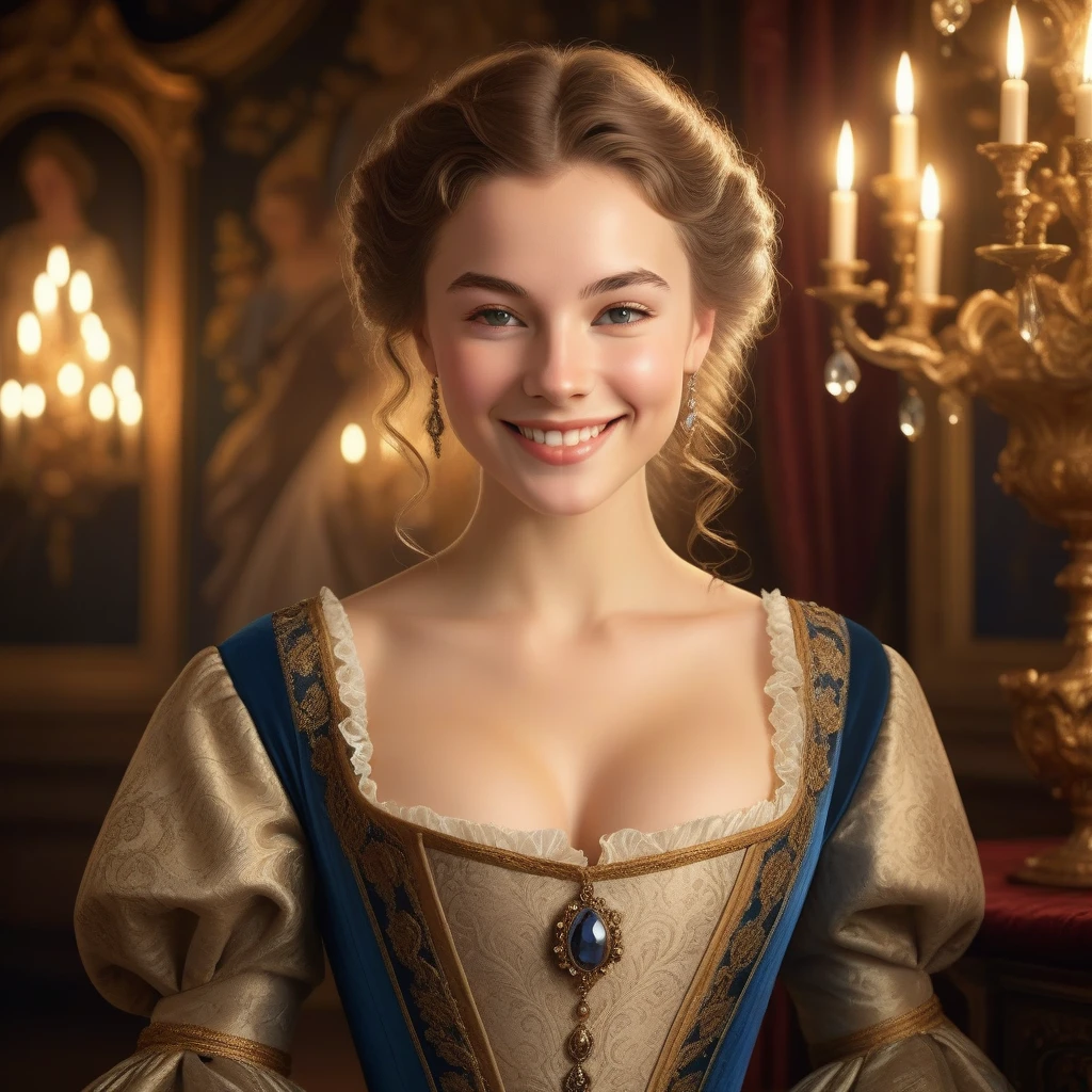 a beautiful young aristocratic woman, medieval european royalty, low neckline dress, rococo dress, half body portrait, elegant smile, luxurious ornate background, warm lighting, photorealistic, highly detailed, digital art