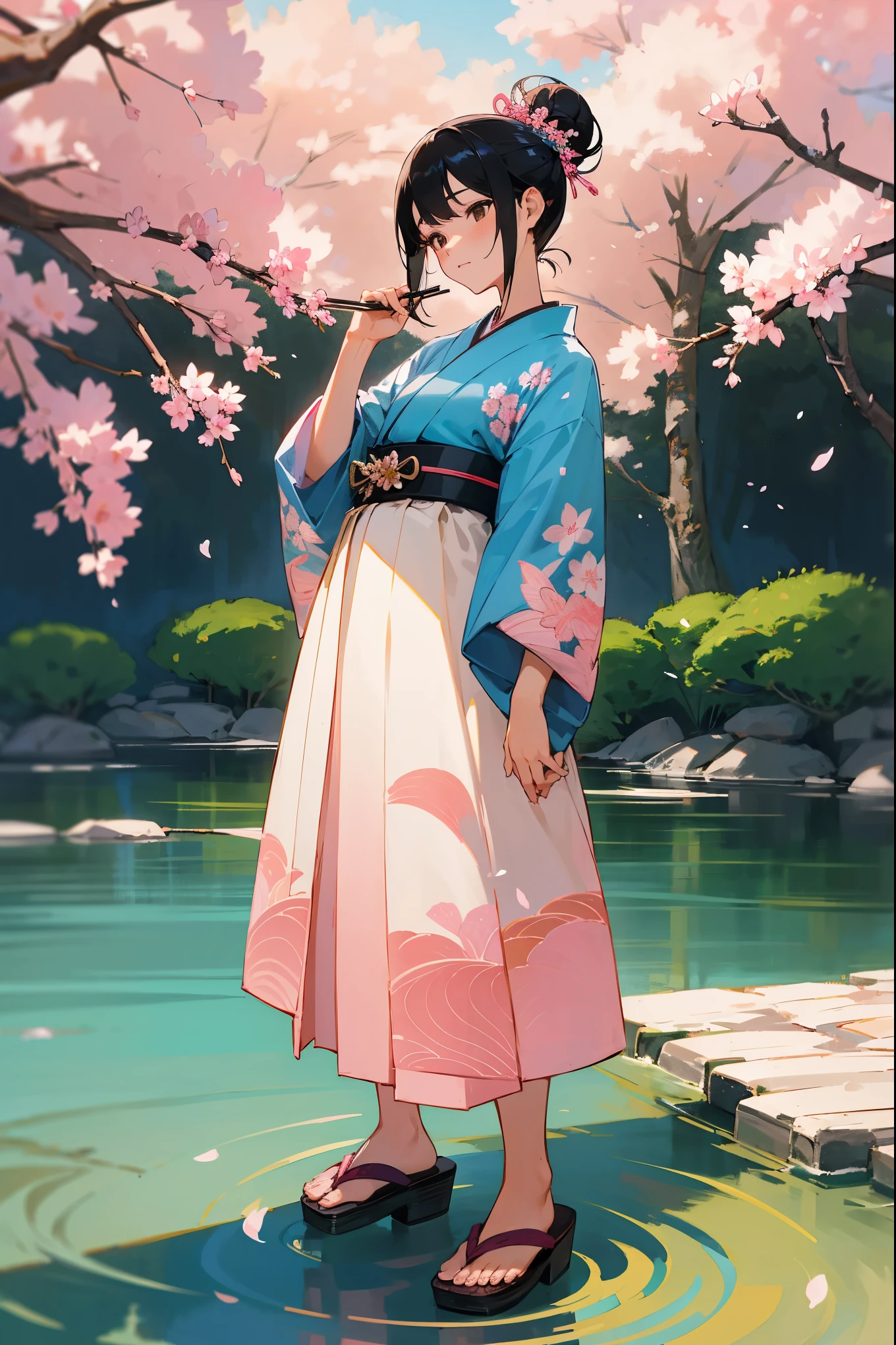 1female, jet black hair, styled in a traditional bun with floral hairpins, soft brown eyes, serene expression, elegant floral-patterned yukata in shades of blue and pink, matching obi belt with a bow, simple white sandals, peaceful garden background with a koi pond and blooming cherry blossoms, detailed face, hands to side, standing on path