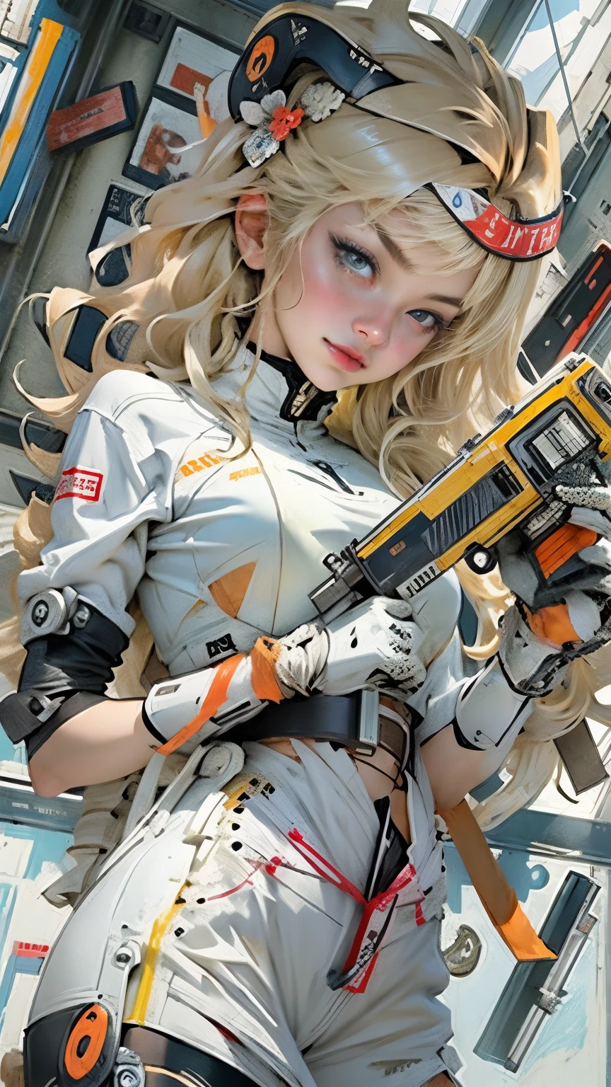 masterpiece、Highest quality、Best Quality、Official Art、Beautiful and aesthetic、 One woman、Railgun、cartridge、Staring at the audience、bangs、Ammunition belt、gloves、Large Breasts、Firing、Blonde、 Very detailed、Supremely detailed、Mixing of optics、Playful patterns、Vivid texture、Unique visual effects、