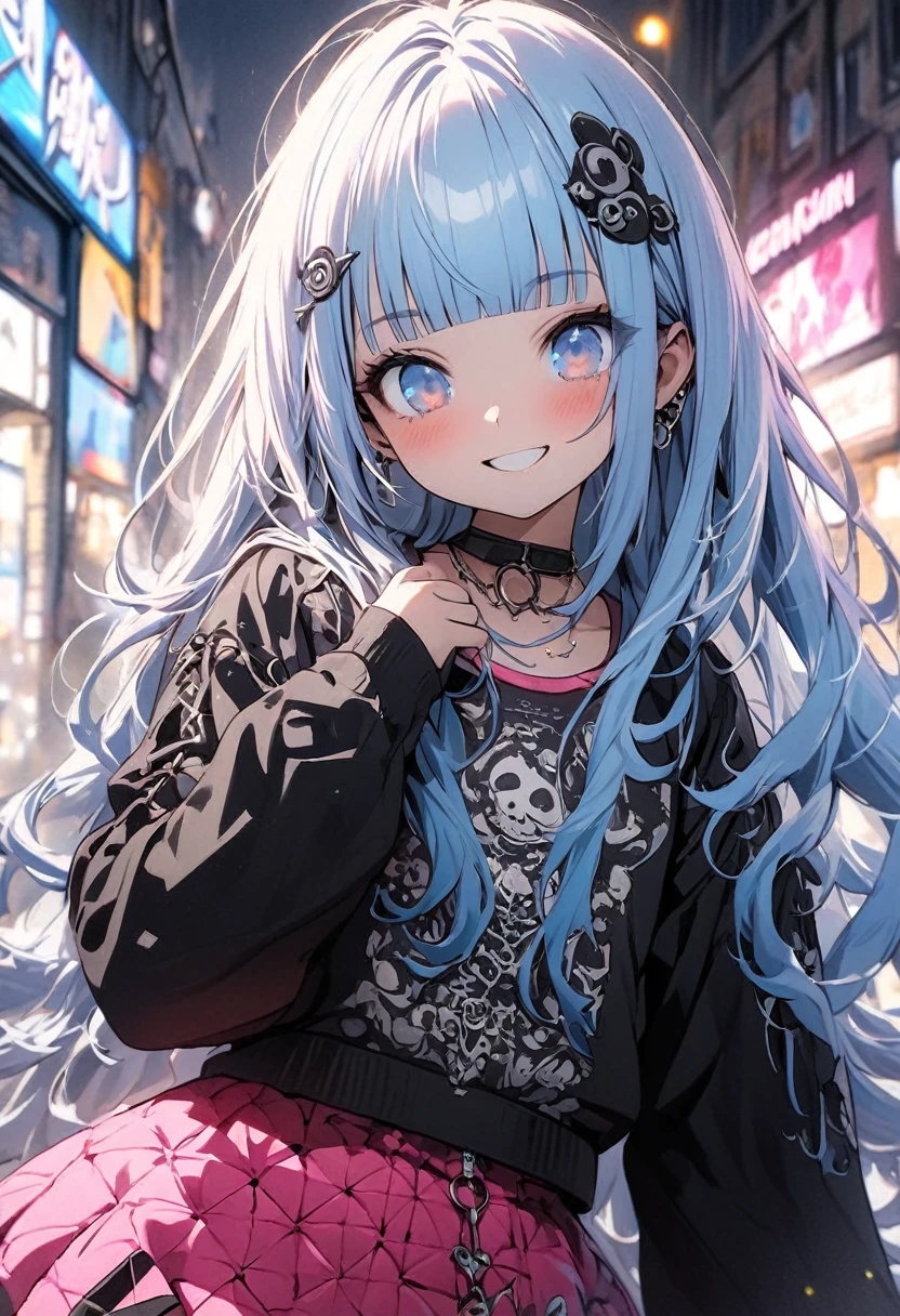 masterpiece, best quality, extremely detailed, (illustration, official art:1.1), 1 girl ,(((( light blue long hair)))), ,(((( light blue long hair)))),light blue hair, , long hair ((blush)) , cute face, big eyes, masterpiece, best quality,(((((a very delicate and beautiful girl))))),Amazing,beautiful detailed eyes,blunt bangs((((little delicate girl)))),(((tareme))),droopy eyes.(true beautiful:1.2), sense of depth,dynamic angle,,,, affectionate smile, (true beautiful:1.2),,(tiny 1girl model:1.2),)(flat chest), (masuter piece、top-quality)、(Live action、Intricate details)、(1lady、solo、The upper part of the body、) garments: Edgy、Black jumper、Pink mini skirt、Avant-garde、、Dramatic makeup、Unconventional fashion choices behavior: rebel、Runaway Ladies Leader、secretary-general、Black jumper、Pink mini skirt、Anti-system、Provocative Location: urban art district、Underground Music Scene Hobbies: Bad girl、Create mixed media art、Experiment with different subcultures values: individuality、authenticity、Creative Expression Inspiration: Runaway Ladies Leader、secretary-general、Counterculture icons、Nature: boldness、Unconventional。Avant-garde, street punk style clothes, full tattoo sleeves
