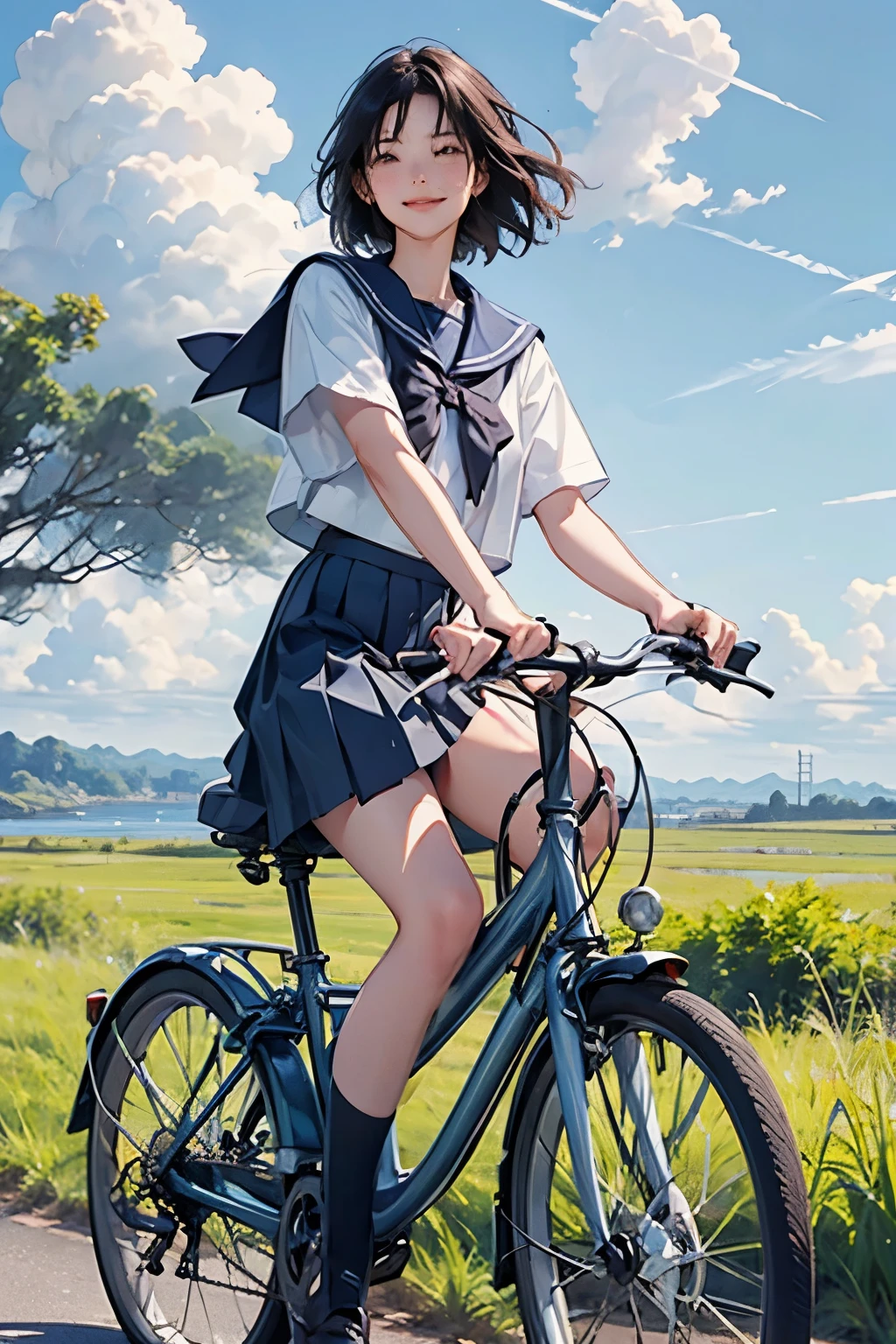 A girl is riding a bicycle alone、Beautiful 18 year old Japanese woman、Hair color is black、black eye、Medium Hair、short hair、Straight hair、smile、slender but well-proportioned body,、I'm wearing a sailor suit、Short sleeve、Wearing a navy blue pleated skirt、Short skirt、Wear loafers、School Bags、summer、countryside、Long concrete road、A little overgrown grass、electric wire、electric wire、Beautiful blue sky and white cumulonimbus clouds、Beautiful sea、Birds are flying、Highest quality、detailed、
